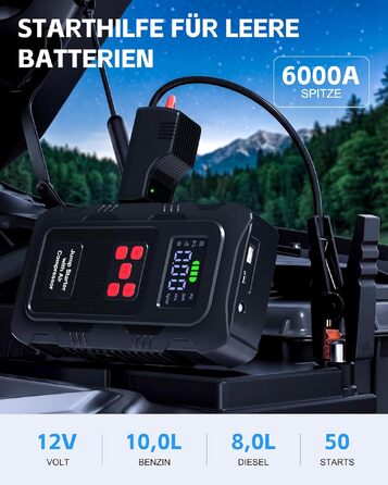 Пусковий інвертор Povasee Jump Starter 6000A з компресором 150 PSI, Powerbank для авто 12V, електричний насос та ліхтариком (Помаранчевий/Чорний/Червоний)