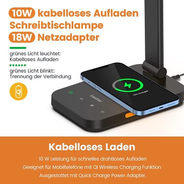 Світлодіодна настільна лампа LASTAR з бездротовою зарядкою, USB-портом, сенсорним керуванням, 5 режимами кольору, захистом для очей, пам’яттю та 5 рівнями яскравості, сучасна чорна