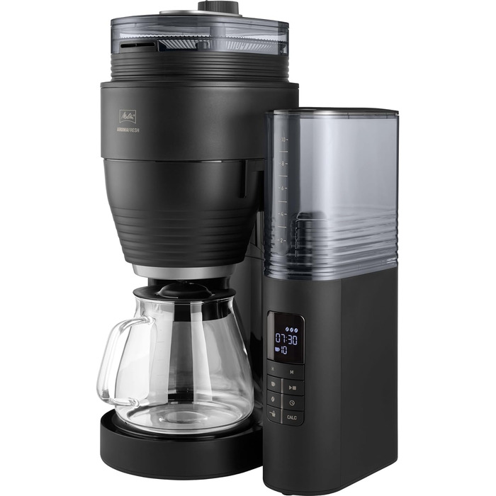 Кавоварка Melitta AromaFresh X з млинком, фільтр-кавоварка з скляним глечиком і захистом від капання, до 10 чашок, чорна/срібляста