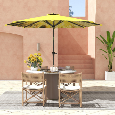 Outsunny Parasol Ø300 см, Парасолька з ручною рукояткою, візерунок, восьмикутний балкон Парасолька Пляжна парасолька Вітрозахисна стайня Ринкова парасолька Парасолька Сонцезахисний козирок для пляжу Балкон Патіо Сад, жовтий