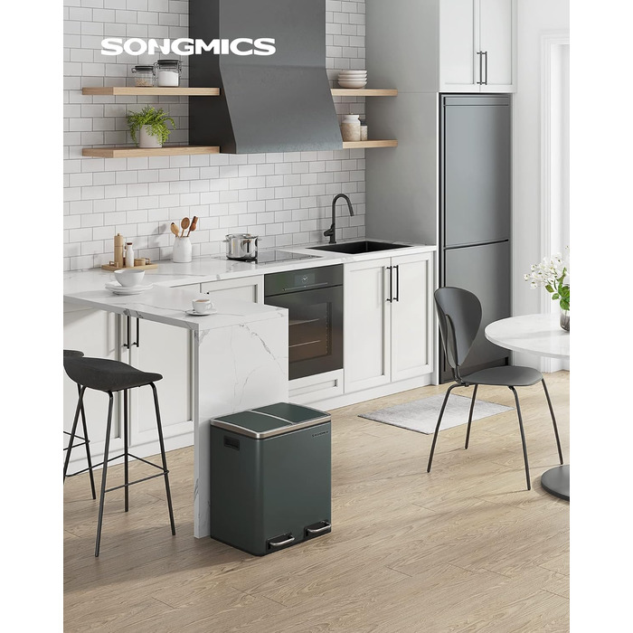 Сортувальний смітник для кухні SONGMICS 2×15 л з педаллю, 2 відсіки, мішки в комплекті, для переробки та органіки, Softclose, зелено-сірий LTB30GS
