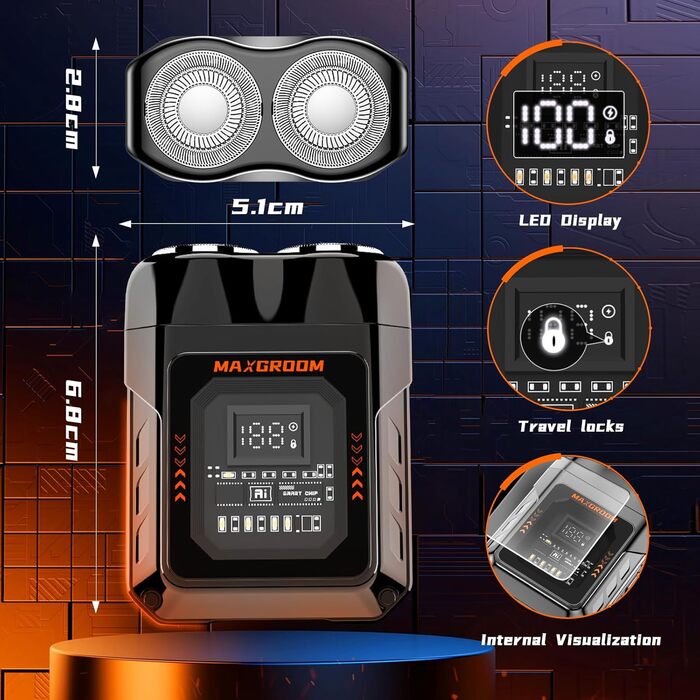 MAXGROOM Міні-бритва для чоловіків, електрична, волога та суха, портативна, з LED-дисплеєм, акумуляторна, USB Type-C, магнітні леза, чорна/сіра