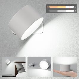 Aourow LED настінний світильник на батареї, акумуляторний, з USB-зарядкою, сенсорним керуванням, 3 режимами світла і яскравості, бездротова лампа для читання в спальні, білий