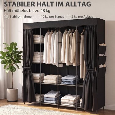 Тканинна шафа для одягу, пилозахисна, портативна, 5 штанги, 170 x 45 x 167 см, чорна