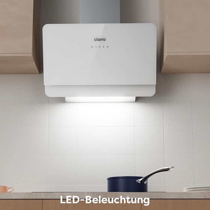 Похила витяжка для кухні CIARRA CBCS6765C 60 см, сталь та скло, білий/сріблястий, 580 м³/год, з вугільним фільтром CBCF055, сенсорне керування, настінний монтаж, клас A+