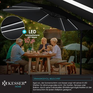 Парасолька для саду KESSER Holly з LED-підсвіткою, прямокутна, сонячна батарея, чорна, алюмінієва, водовідштовхувальна, з чохлом і фіксацією, діаметр 350 см, UV-захист, з ручкою-кривошипом і стійкою