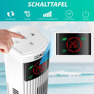 Вентилятор вежовий Turmventilator з пультом, LED-дисплеєм та таймером – 3 режими, 70° осциляція, 50 Вт, 97.5 см (білий)