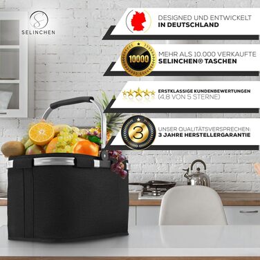 Преміум кошик для покупок Selinchen® складаний (30 л, чорний) — міцна сумка-шопер з алюмінієвою ручкою та металевим каркасом, 42x28x27 см, для пікніка та магазину