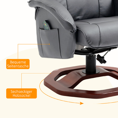 Масажне крісло HOMCOM Recliner з табуреткою Телевізор Функція відкидання на 360° з бічною кишенею Штучна шкіра 73 x 83 x 106см Темно-сірий