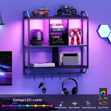 HOOBRO Полиця настінна з LED підсвіткою, плаваюча, з 4 рівнями для зберігання, 6 гачками, для ігор, кухні, кафе - EBB70DBJ01 Чорна