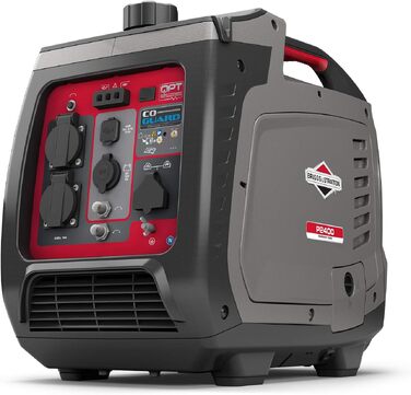 Інверторний бензиновий генератор Briggs & Stratton PowerSmart P2400, 2400 Вт (1800 Вт постійної потужності), 230 В, ультратихий та легкий, сіро-червоний