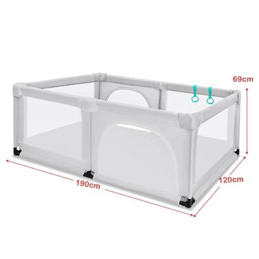 Дитячий манеж COSTWAY 120x190 см з 50 ігровими кульками, сірий, з дихаючою сіткою і блискавкою, двоє дверей, для немовлят і малюків