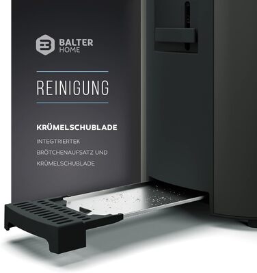 Тостер Balter TS-04-LCD на 4 тости, довгий слот, нержавіюча сталь, підставка для булочок, LCD-дисплей з таймером, функція розморожування, автоматичне центрування хліба, висувний піддон для крихт, чорний