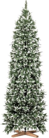 Штучна ялинка FAIRYTREES Nordman Slim Premium 220 см, білий засніжений сосновий колір, ПВХ, з натуральними шишками та дерев'яною підставкою