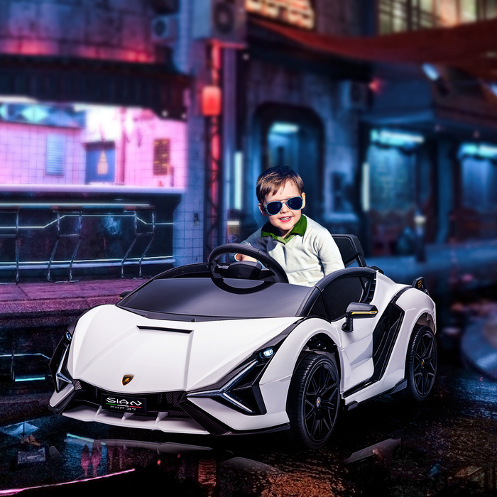 Дитячий електромобіль 12V, 2 режими руху, Lamborghini Sian SUV, іграшковий електромобіль з пультом дистанційного керування, музикою (MP3/USB), світлом, для дітей 3-5 років (37-60 місяців), металевий, білий, розміри: 108 x 62 x 40 см