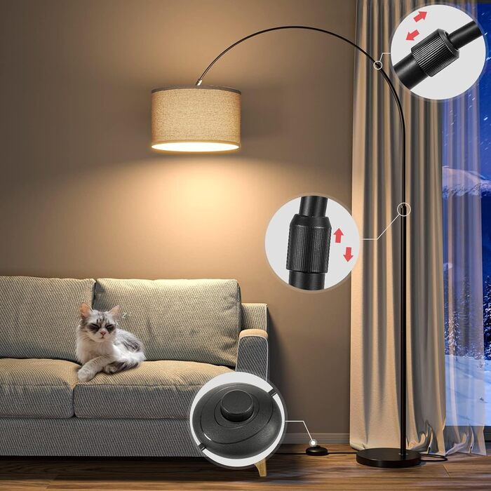 Декоративна торшер-аркова лампа Modlicht JASMIN, LED E27 9W, 3000K, тканинний абажур Ø33 см, лляний бежевий, 165-180 см, для вітальні, спальні, офісу, готелю