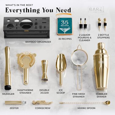 Набір для коктейлів BARE BARREL Mixology Barkeeper Set, 16 предметів, з коблер-шейкером 24oz та 35 картками рецептів, золотий/чорний
