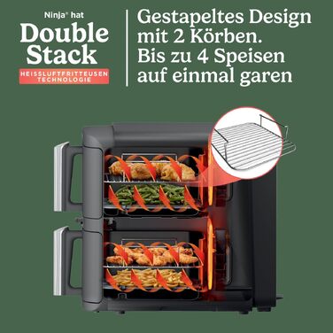Вертикальна аерофритюрниця Ninja Double Stack XL Air Fryer 9,5 л з цифровим термометром, 6 функцій приготування, 2 рівні, сіра SL451EU