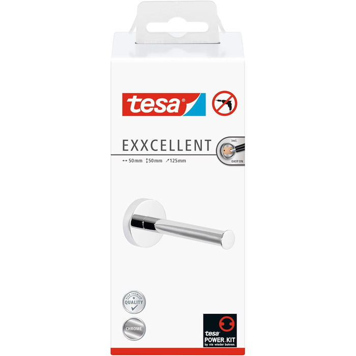 Держатель для туалетного паперу tesa EXXCELLENT, хромований, настінний, без свердління, з клейкою основою, 50x50x125 мм