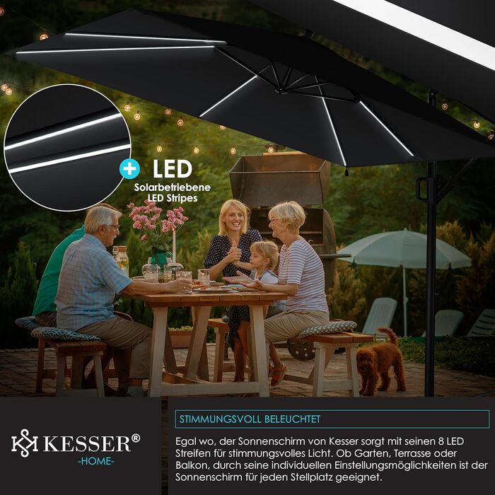 Парасолька для саду KESSER Holly з LED-підсвіткою, прямокутна, сонячна батарея, чорна, алюмінієва, водовідштовхувальна, з чохлом і фіксацією, діаметр 350 см, UV-захист, з ручкою-кривошипом і стійкою