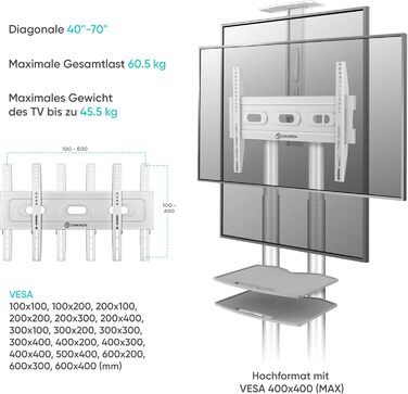 Мобільна TV стійка ONKRON TS1552-W для телевізорів 40-70 дюймів, до 45,5 кг, біла, регульована висота, 2 полиці, на колесах, VESA 600x400