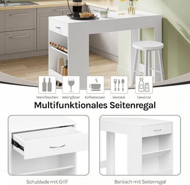 Столик-бар WOLTU з шухлядою та полицями для вина, 90x50x120 см, білий