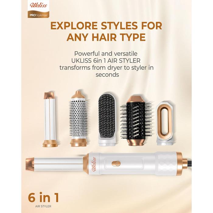 UKLISS 6-в-1 Hairstyler: Фен-щітка для укладки волосся з гарячим повітрям, автоматична, Pro (біло-сірий)
