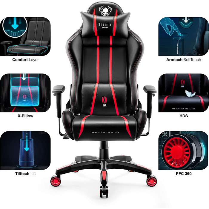 Ігрове крісло Diablo X-One 2.0 з регульованими підлокітниками, ергономічним дизайном, подушками для шиї та попереку, функцією гойдання, червоне, розмір L – комп'ютерне крісло для геймерів та офісу