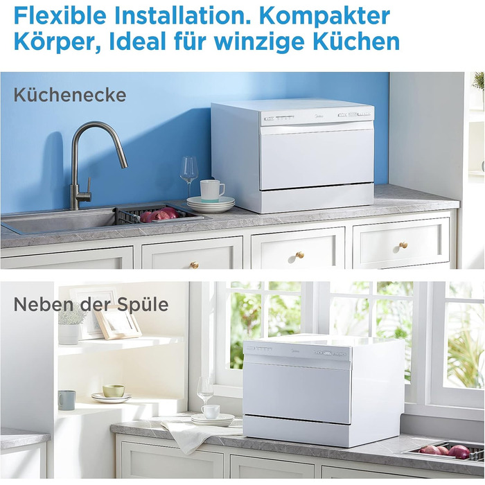 Посудомийна машина Midea Mini 6 комплектів посуду, 6+1 програми, IoT-керування, таймер відстрочки запуску, покращена сушка, компактна для малогабаритних квартир, модель 2024, енергоклас D
