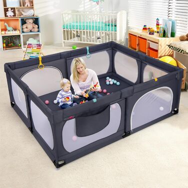 Дитячий манеж COSTWAY 189x158 см з 50 ігровими кульками, 4 кільцями та 4 дверима на блискавці, дихаюча сітка, без матраца, темно-сірий