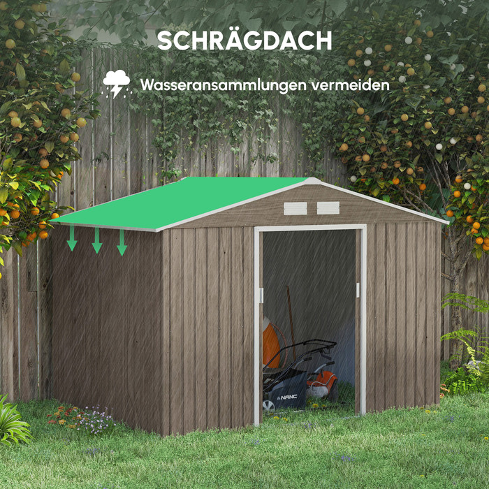 Outsunny Garden Shed 4,9 м², Садовий сарай з моноскатним дахом, Розсувні двері, Фундамент, 277 x 195 x 192 см, Сарай для інструментів з оцинкованої сталі, Стійкий до погодних умов, Для саду, Світло-коричневий