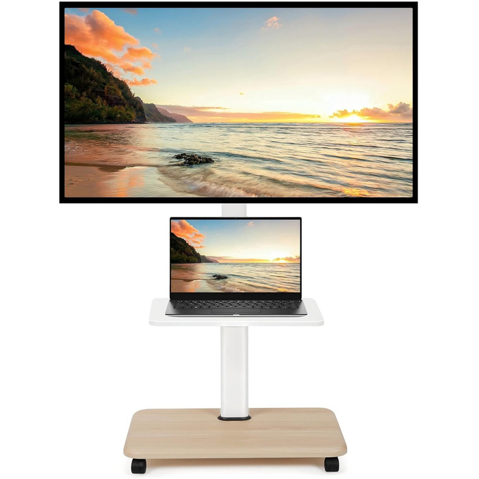 Мобільний ТВ-стіл Hellsehen для LED/LCD/OLED телевізорів 32-70 дюймів (до 45.4 кг), білий, з регулюванням висоти та блокованими колесами