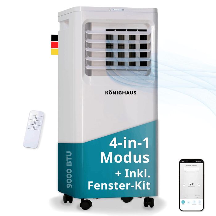 Мобільний кондиціонер Könighaus 7000 BTU для кімнат до 20м² 4-в-1: охолодження, осушення, вентиляція, очищення повітря. Енергоефективний (A), з пультом та керуванням через додаток