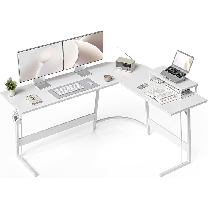 Ігровий кутовий стіл CubiCubi 170x120 см, білий, з моніторною підставкою, простий монтаж, просторий комп'ютерний стіл L-подібний для геймерів