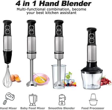 Ручний міксер Black+Decker BXHBA1200E, 1200 Вт, 20 швидкостей, турборежим, 4 леза з нержавіючої сталі, захист від бризок, легкий, ергономічний, повний комплект насадок