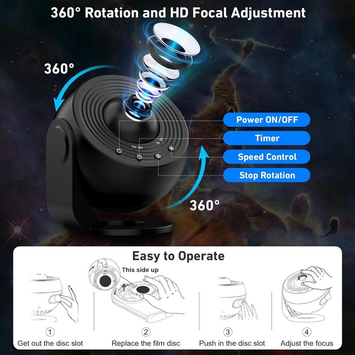 Проектор зоряного неба Galaxy 13-в-1, домашній планетарій з таймером, нічник-проектор галактики для дітей та дорослих, матовий чорний