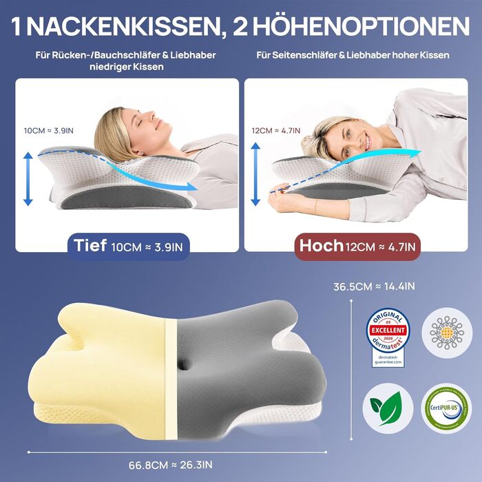 Ергономічна подушка для шиї MULISOFT P-105 з ефектом пам'яті (Memory Foam), форма метелика, сіра, розмір M