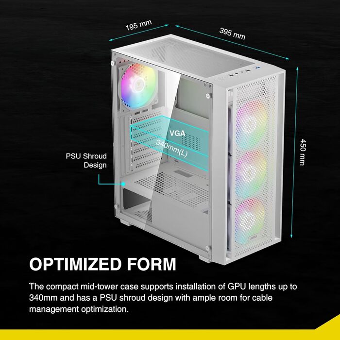 Ігровий корпус GAMDIAS Aura GC2 Elite ARGB ATX, білий, 4x120мм ARGB вентилятори, скляна бічна панель, Mesh-панель, синхронізація з материнською платою
