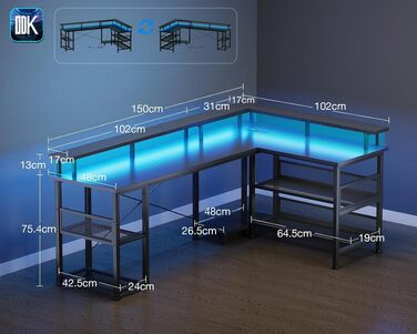 Ігровий кутовий стіл ODK з LED-підсвіткою та USB-портом, 168×120 см, чорний вугіль (карбон)