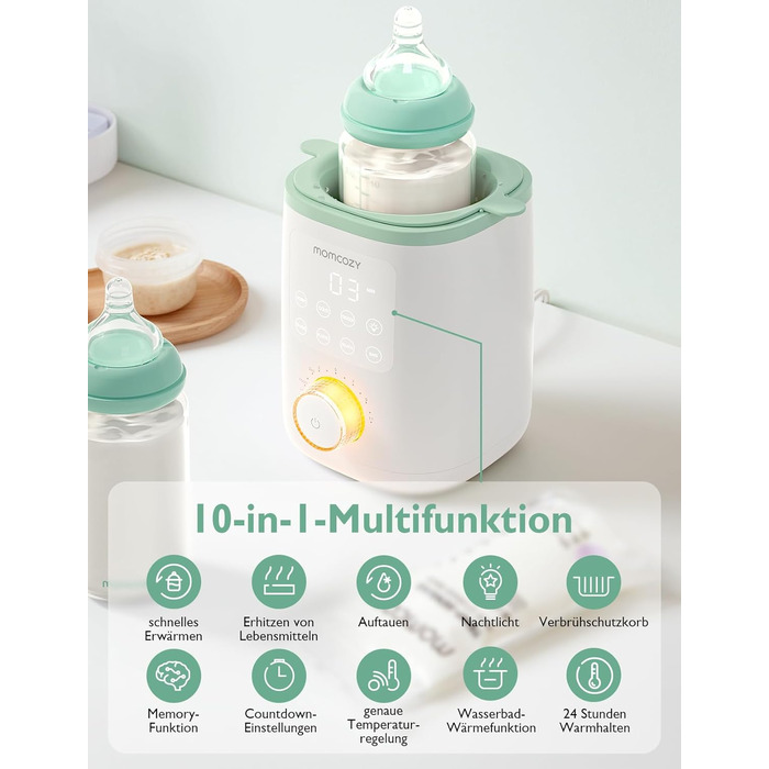 Momcozy Нагрівач для пляшечок Momcozy Nutri-Flaschenwärmer - 9-в-1 з точним контролем температури, нічним світлом, швидким нагрівом та автоматичним вимкненням. Сумісний з усіма пляшками.