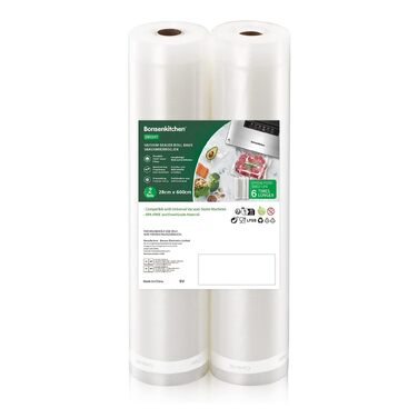 Рулони для вакуумного пакування Bonsenkitchen 28x600 см (2 шт) - Професійні пакети для вакууматора, харчові, BPA-free, для Sous Vide