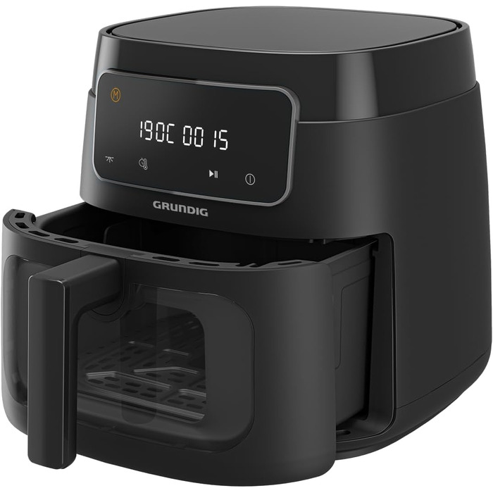 Аерофритюрниця Grundig FRY 7320, 7.6 л, 1750 Вт, сенсорне управління, антипригарне покриття, велике оглядове вікно, налаштування температури та часу, чорна, кошик для посудомийної машини