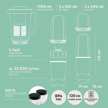Смузі-мейкер та блендер GOURMETmaxx 400 Вт, 18 предметів, електричний міксер 750 мл з 4 чашами To-Go, 2 лезами, соковижималкою, штовхачем і кришками, без BPA, для кухні, зелений/чорний