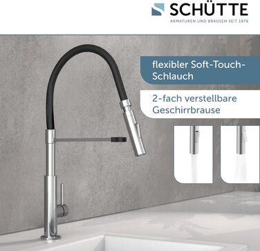Змішувач кухонний Schütte 23138 з гнучким шлангом Soft Touch, поворотний на 360°, нержавіюча сталь/чорний