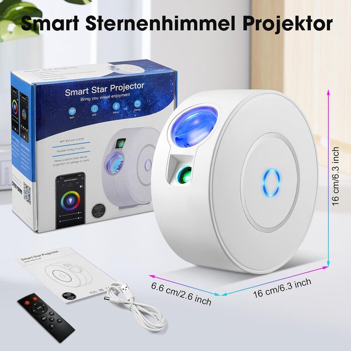 Проєктор зоряного неба Smart Sternenhimmel WiFi з пультом, додатком та голосовим керуванням, 16 млн кольорів, тихий (25 дБ), 4 кути нахилу - білий