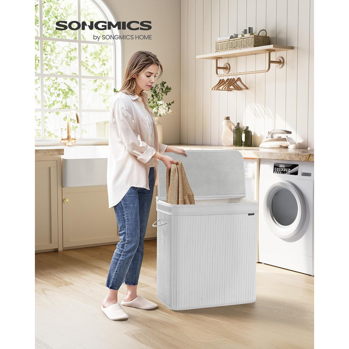 Кошик для білизни SONGMICS з кришкою, бамбуковий, знімний і праний мішок, 150 л, з ручками, для ванної, спальні, вітальні, білий