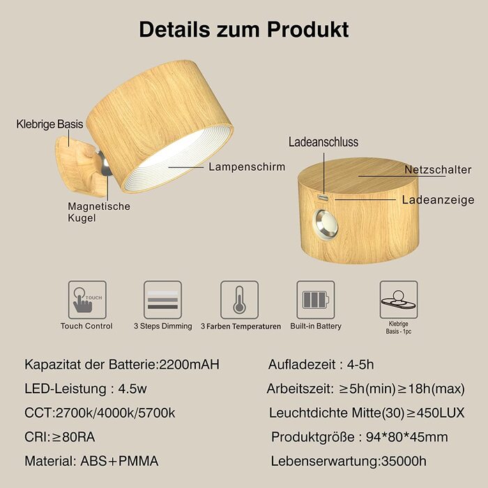 Feallive LED настінний світильник для інтер'єру, з акумулятором, сенсорне керування, 3 рівні яскравості, 360° обертання, бездротова лампа у деревному стилі для вітальні, спальні, коридору