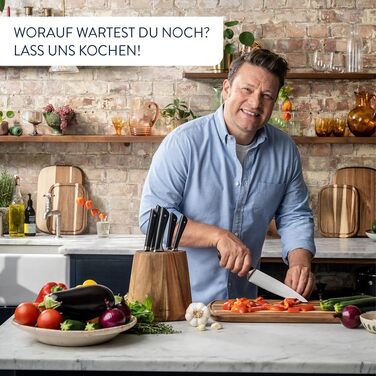 Набір кухонних ножів Jamie Oliver від Tefal з підставкою, 6 предметів: кухонний, сантоку, для хліба, універсальний та ніж для чищення, сталь з криозагартуванням, блок з акації, коричневий, K267S556