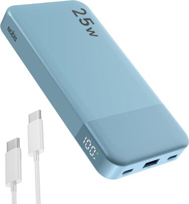 Power Bank NOBIS 10000mAh з цифровим дисплеєм, USB-C, швидка зарядка PD/QC, 25W, блакитний