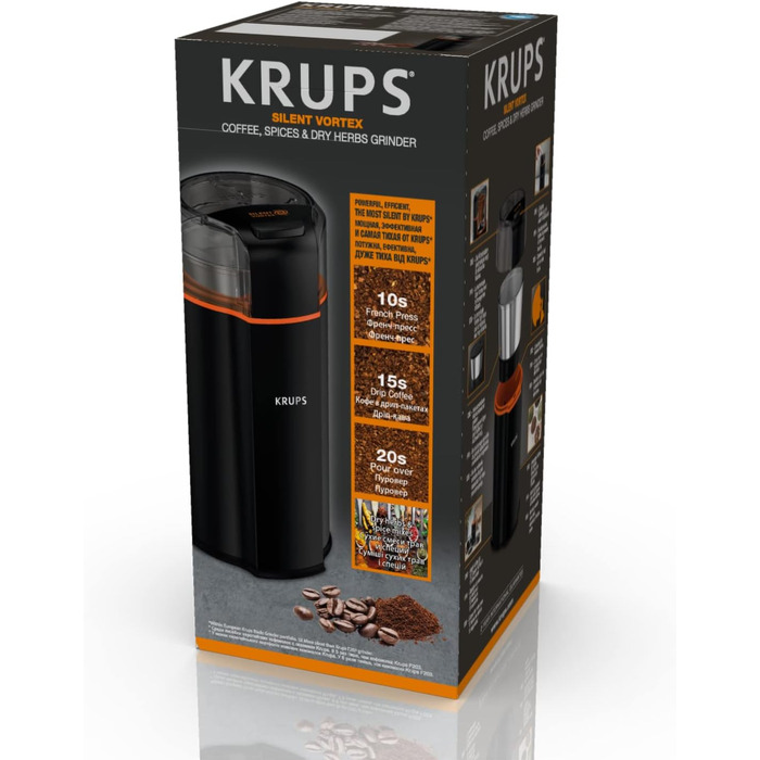 Кавомолка електрична Krups GVX212 Compact з регулюванням помелу та вибором кількості чашок, нержавіюча сталь, чорна